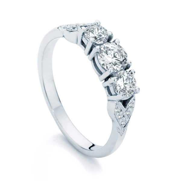 Round Three Stone Engagement Ring Platinum | Trio (leaf detail)