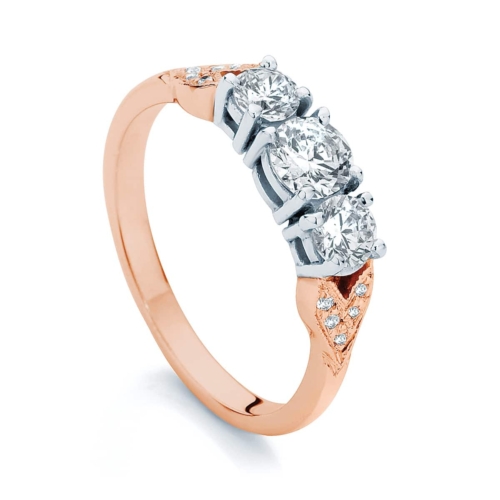 Round Three Stone Engagement Ring Rose Gold | Trio (leaf detail)
