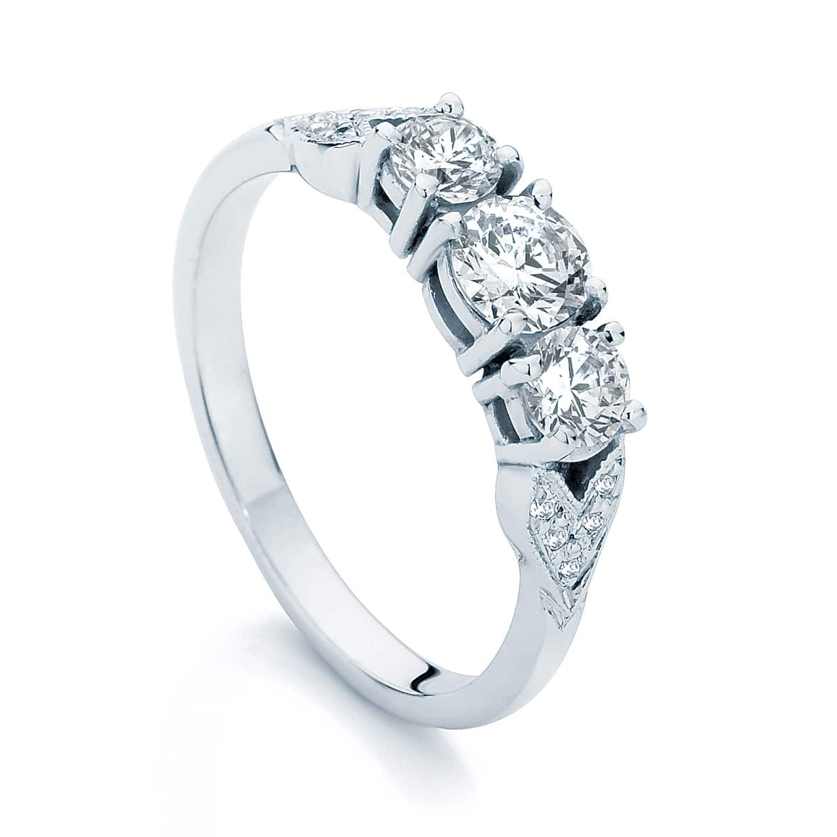 Round Three Stone Engagement Ring White Gold | Trio (leaf detail)