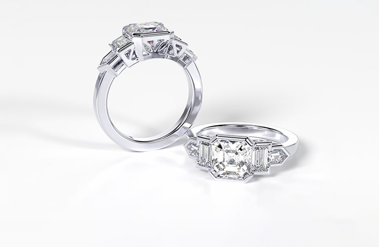Digital rendering of a white gold engagement ring with an asscher diamond centre stone.