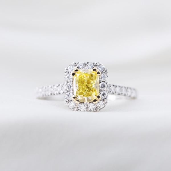 Radiant Cut Yellow Diamond In Micro-Claw Set Diamond Halo Design