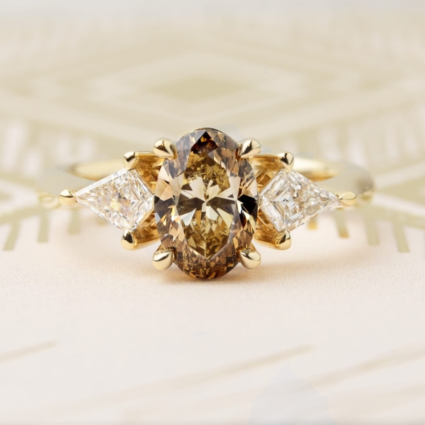 Champagne Oval Cut Diamond Engagement Ring with Kite Shape Diamond Accents