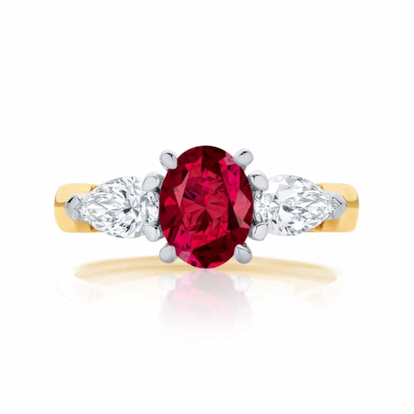 Oval Ruby Three Stone Engagement Ring Yellow Gold | Delta Trio Cerise