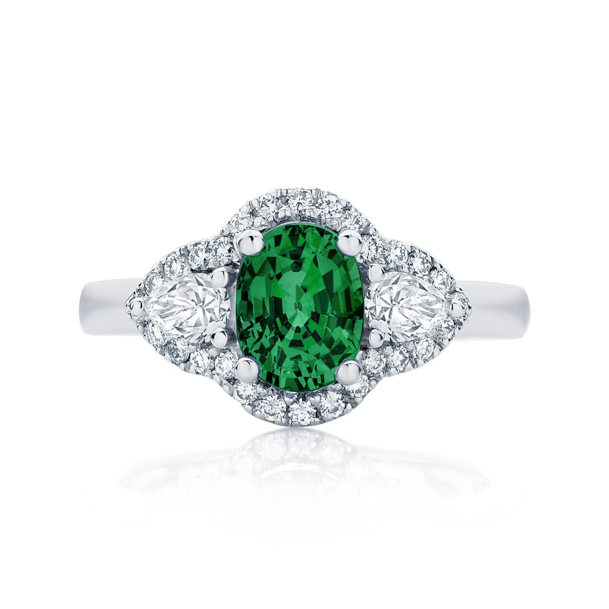 Emerald Three Stone Engagement Ring Platinum | Rosetta Trio Botanica