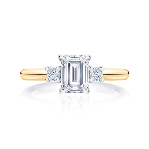 Emerald cut diamond three stone engagement ring yellow gold