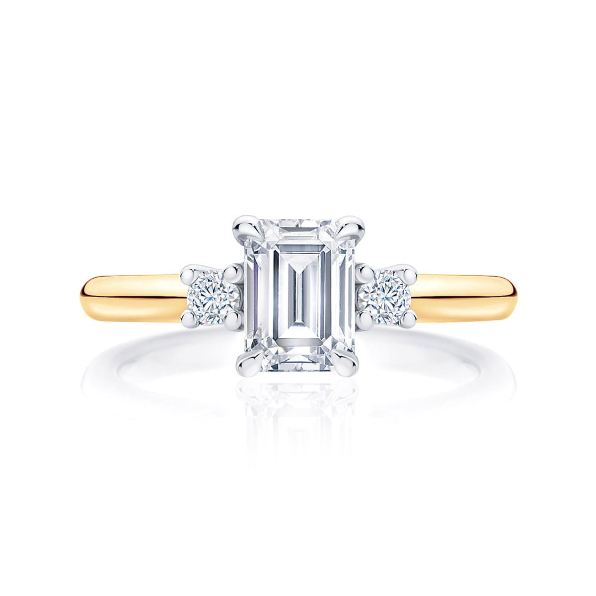 Emerald cut diamond three stone engagement ring yellow gold