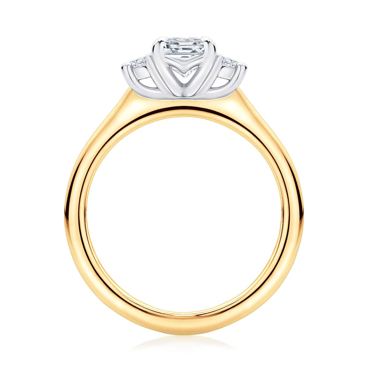 Emerald cut diamond three stone engagement ring yellow gold