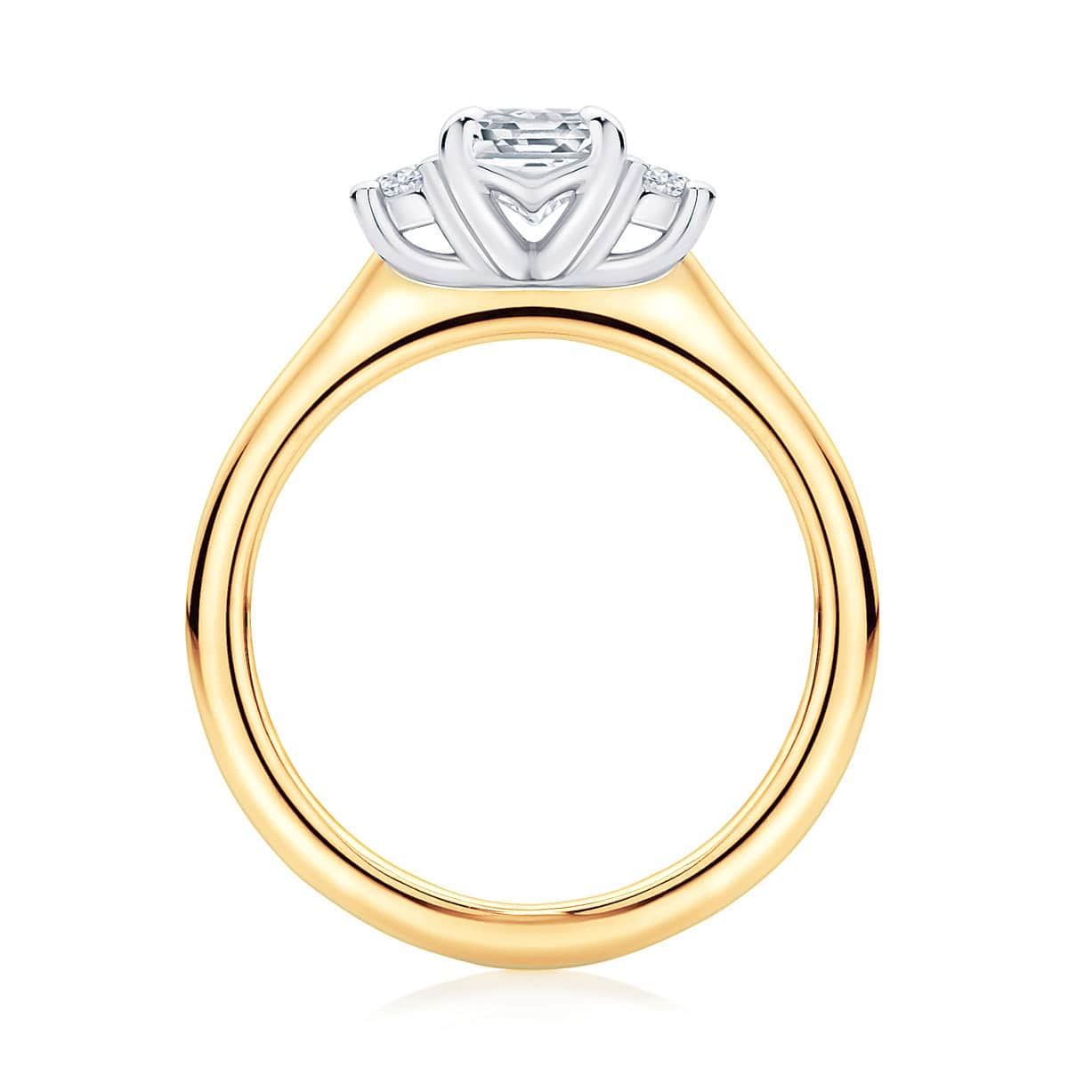 Emerald cut diamond three stone engagement ring yellow gold