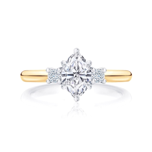 Marquise cut diamond three stone engagement ring yellow gold