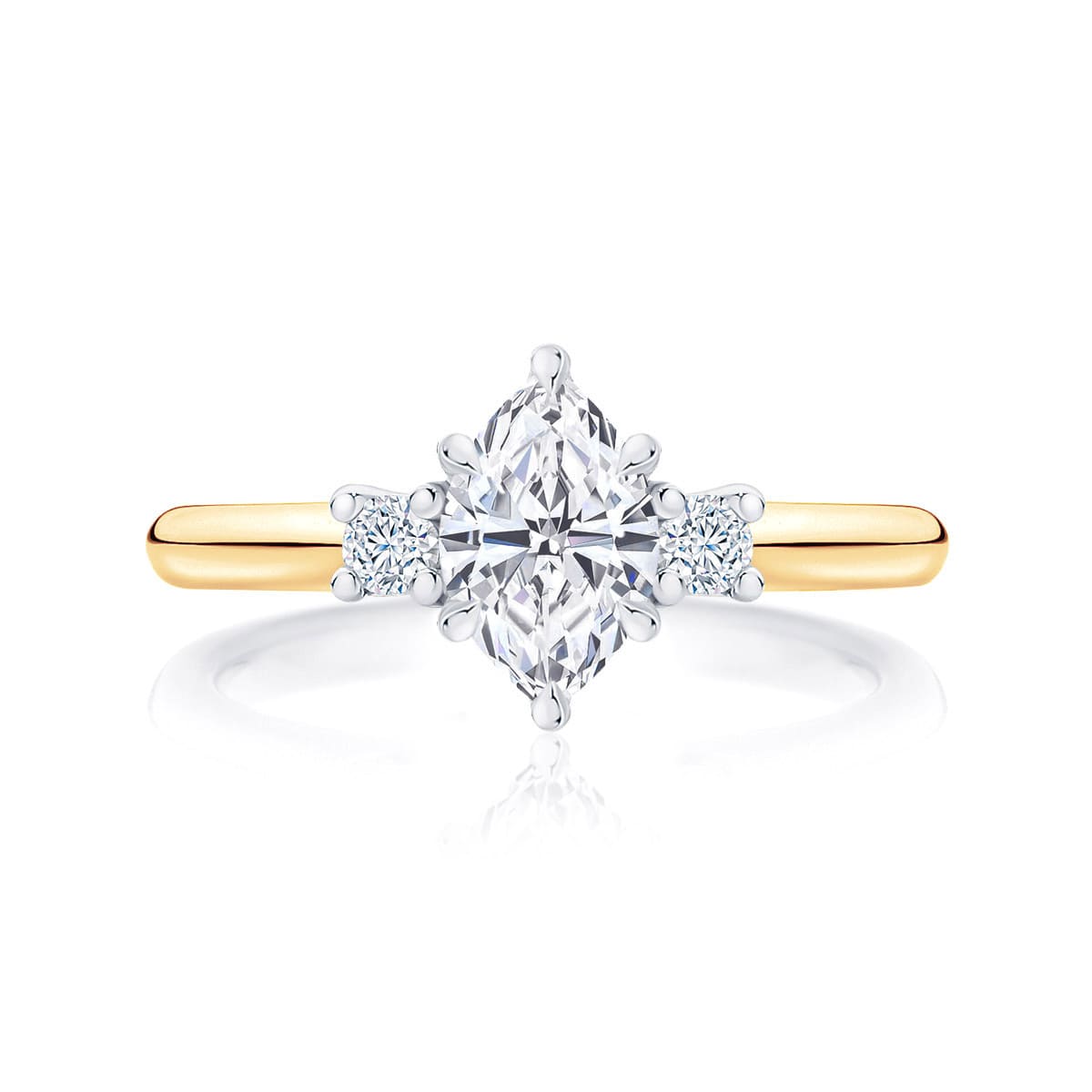 Marquise cut diamond three stone engagement ring yellow gold