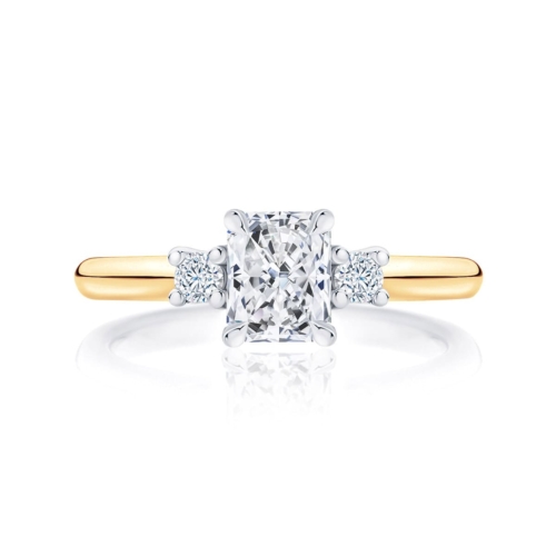 Radiant cut diamond three stone engagement ring yellow gold