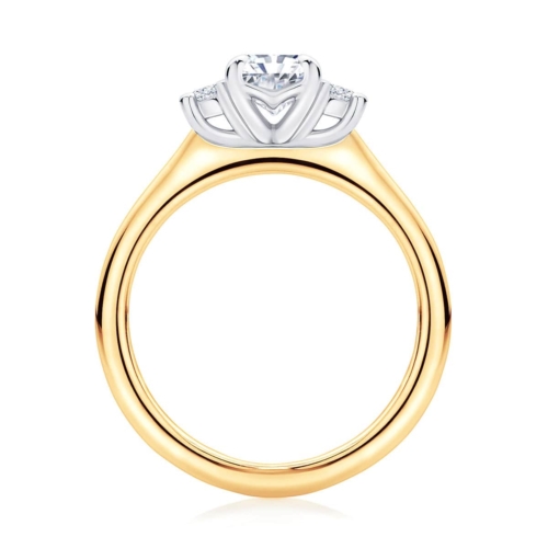 Radiant cut diamond three stone engagement ring yellow gold