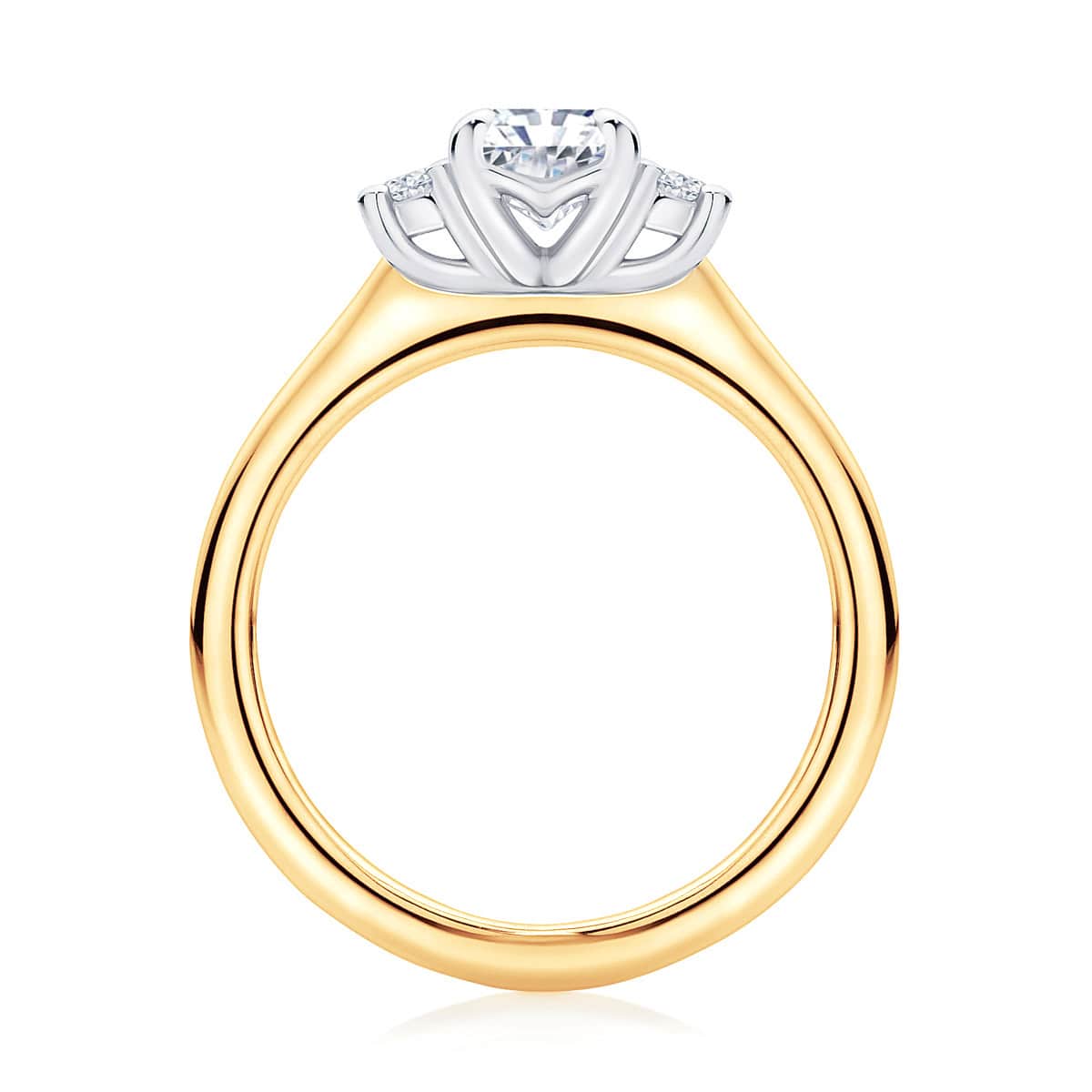 Radiant cut diamond three stone engagement ring yellow gold