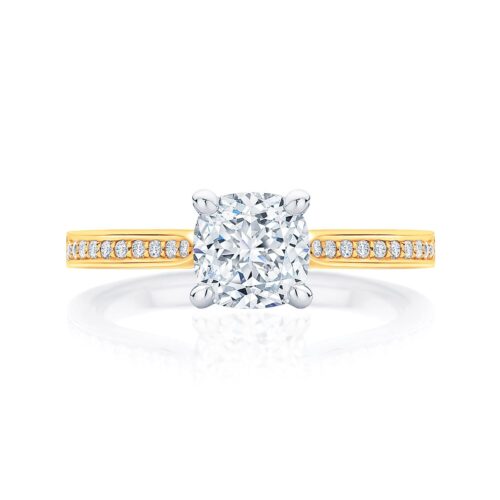 Cushion Diamond with Side Stones Ring in Yellow Gold | Accented Ballerina (Cushion)