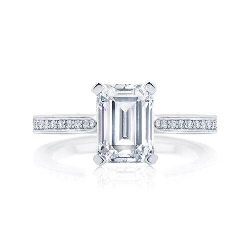 Emerald Diamond with Side Stones Ring in Platinum | Accented Ballerina (Emerald Cut)