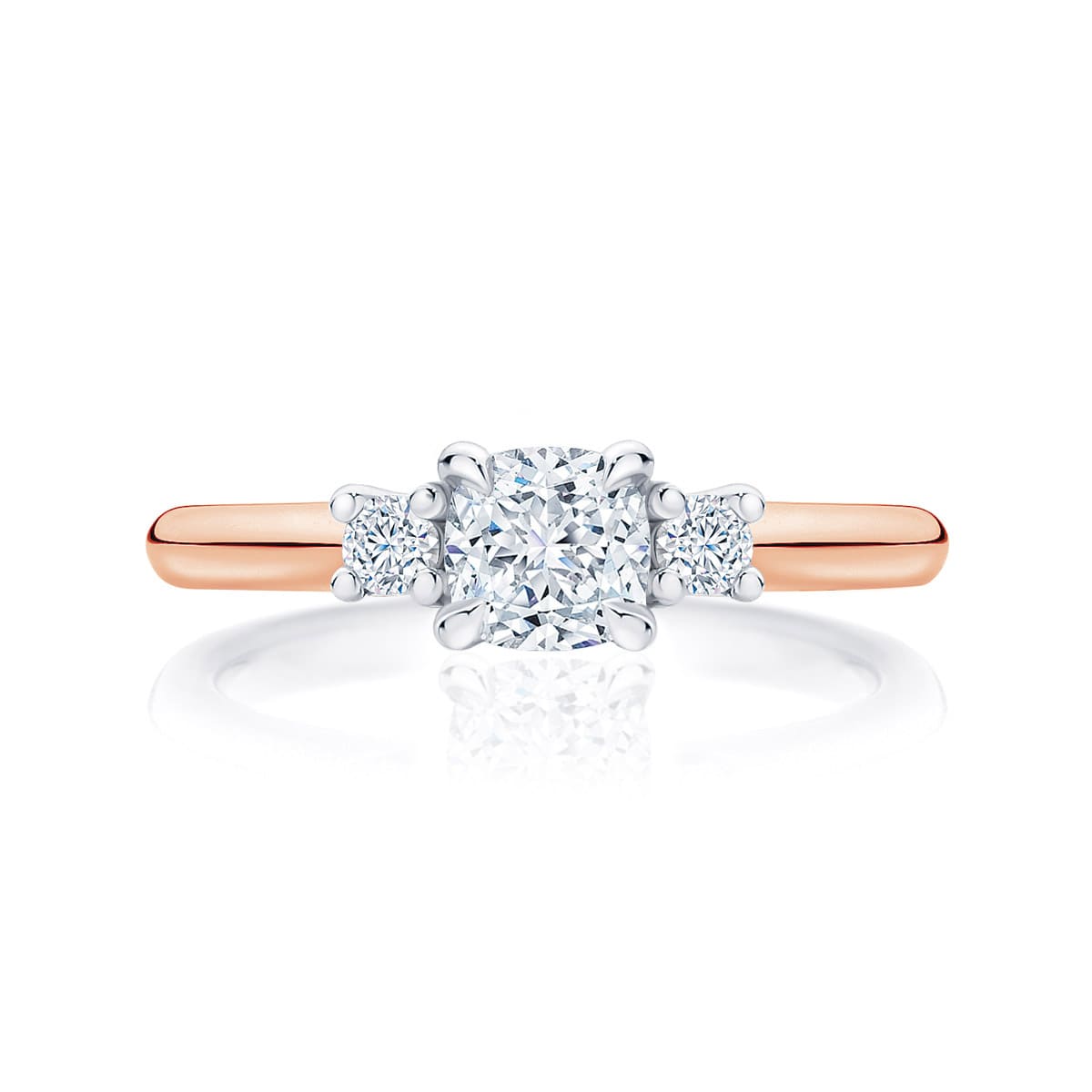 Cushion Diamond Three Stone Ring in Rose Gold | Arcadia (Cushion)