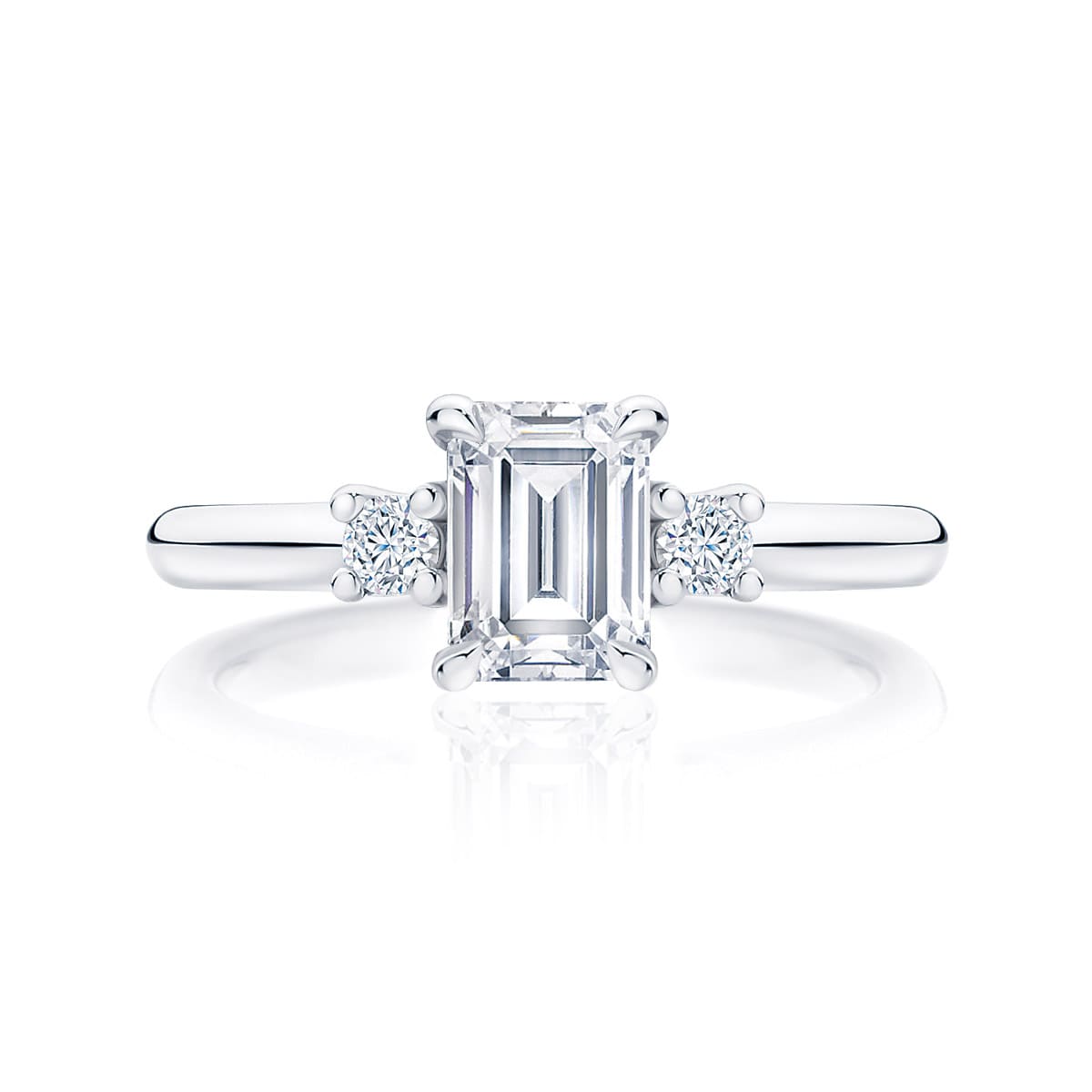 Emerald Diamond Three Stone Ring in White Gold | Arcadia (Emerald Cut)