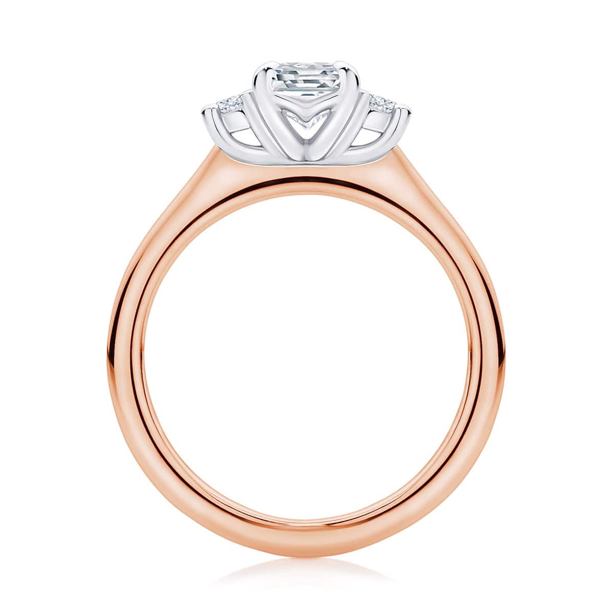 Emerald Diamond Three Stone Ring in Rose Gold | Arcadia (Emerald Cut)