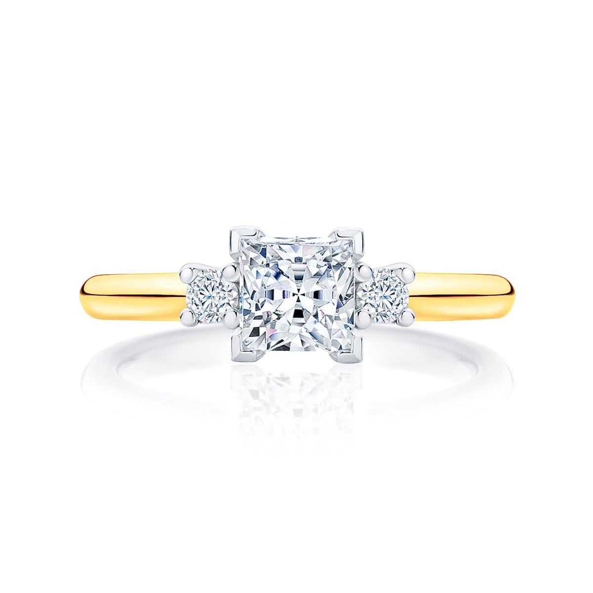 Princess Diamond Three Stone Ring in Yellow Gold | Arcadia (Princess)