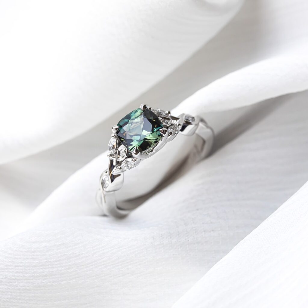 Art Nouveau Inspired Teal Sapphire Engagement Ring