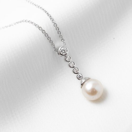 White Gold Bezel Diamond and Pearl Pendant