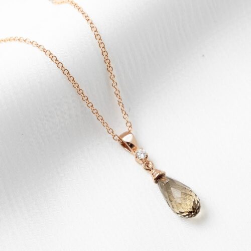 Rose Gold Smoky Quartz Briolette & Diamond Pendant