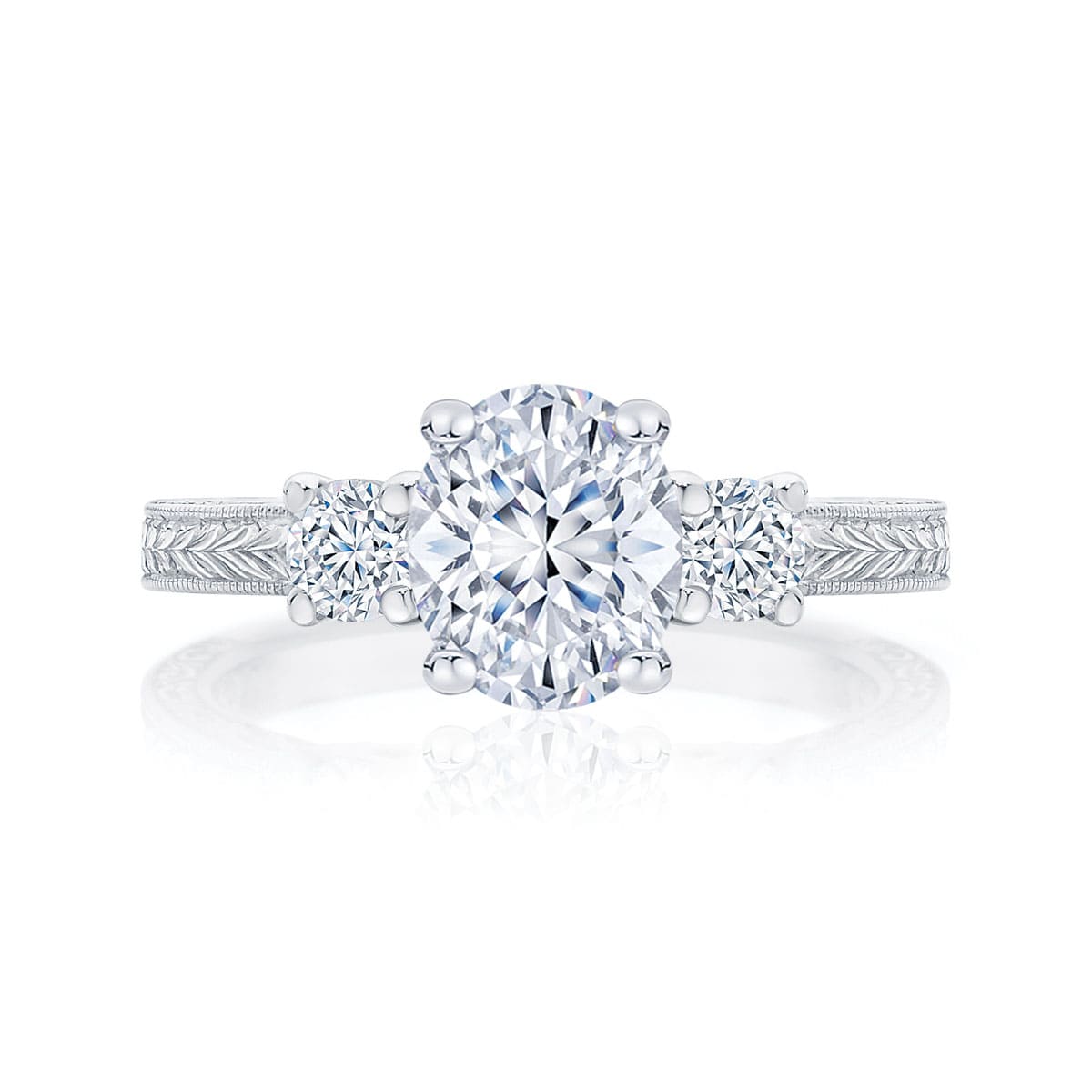 Oval Diamond Three Stone Ring in White Gold | Bluebell Engraved (Diamond)