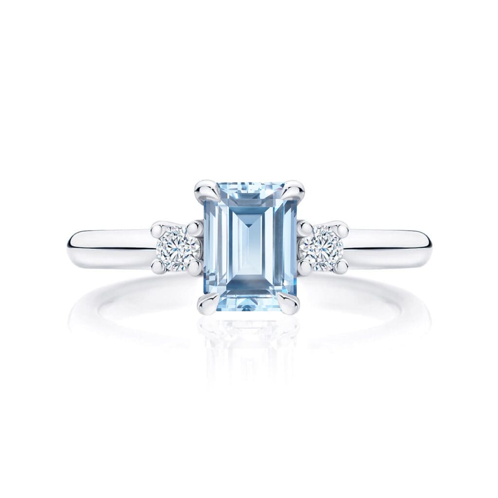 Emerald Cut Sapphire Three Stone Ring in Platinum | Arcadia Azure (Emerald Cut)
