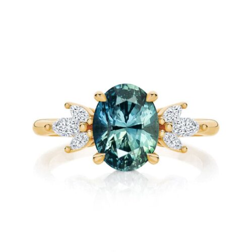 Oval Cut Sapphire with Side Stones Ring in Yellow Gold | Lyra Teal