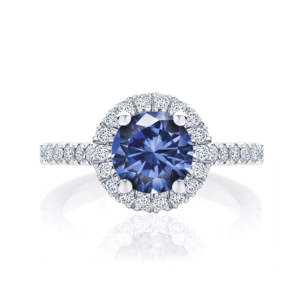 Brilliant Cut Sapphire Halo Ring in Platinum | Rosetta Azure (Round)