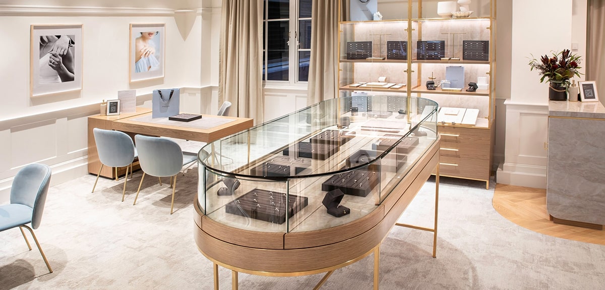 Larsen Jewellery Studio showroom in Sydney- displaying extensive collection of engagement rings, wedding rings and fine jewellery