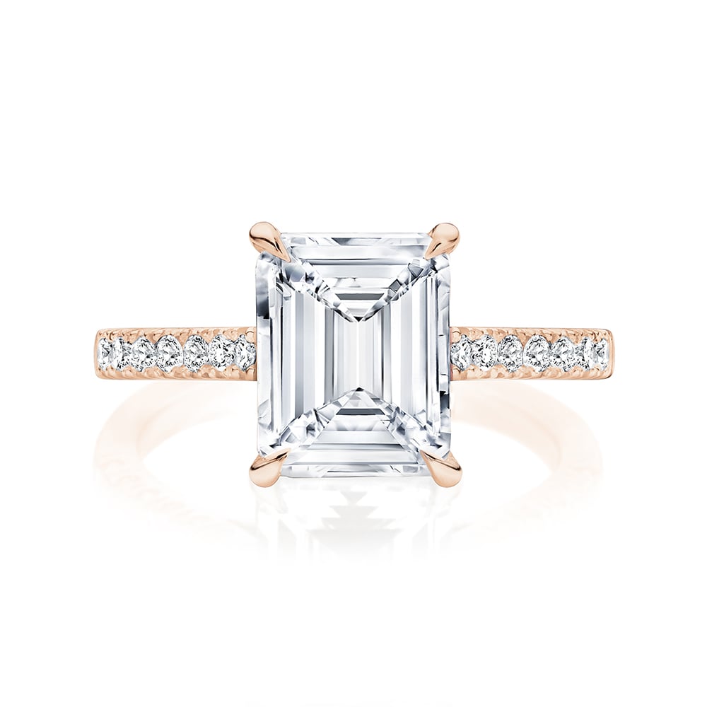 Emerald Diamond with Side Stones Ring in Rose Gold | Marbella