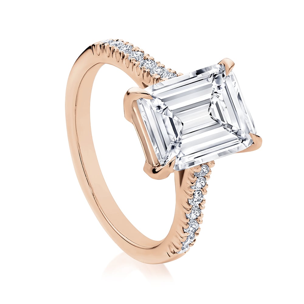 Emerald Diamond with Side Stones Ring in Rose Gold | Marbella