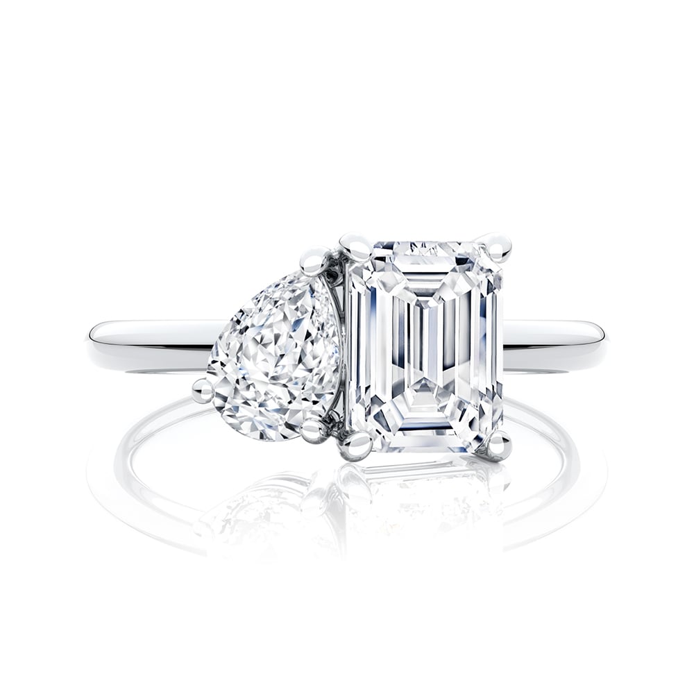Pear & Emerald Diamond Duo Ring in Platinum | Toi et Moi