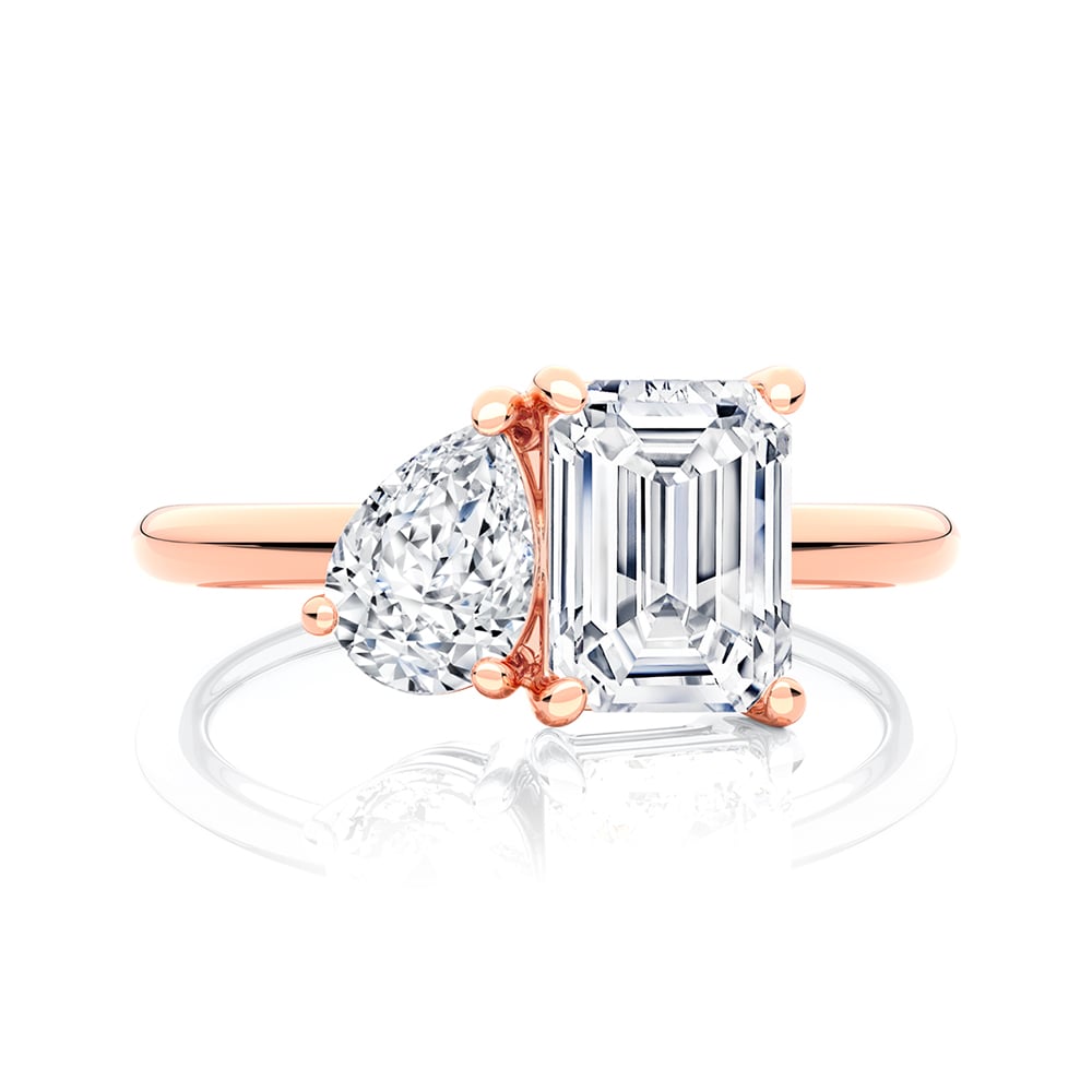 Pear & Emerald Diamond Duo Ring in Rose Gold | Toi et Moi