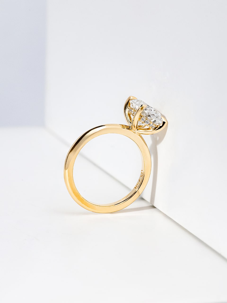 Oval Lab Grown Diamond Yellow Gold Hidden Halo Engagement Ring