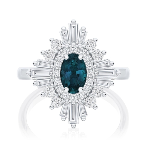 Oval Tourmaline Halo Engagement Ring in Platinum | Starburst Teal