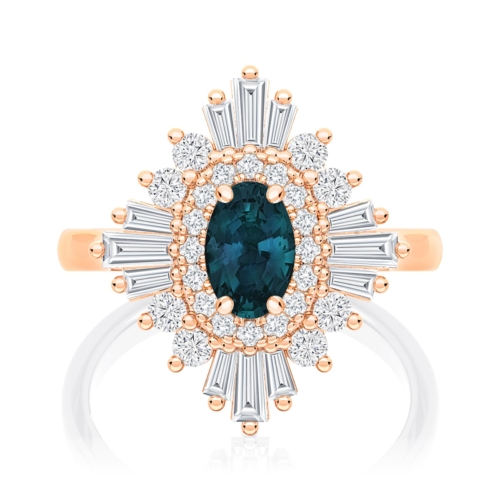 Oval Tourmaline Halo Engagement Ring in Rose Gold | Starburst Teal