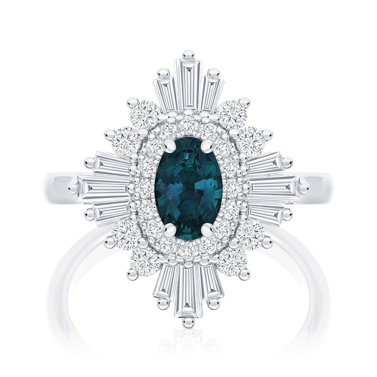 Oval Tourmaline Halo Engagement Ring in White Gold | Starburst Teal