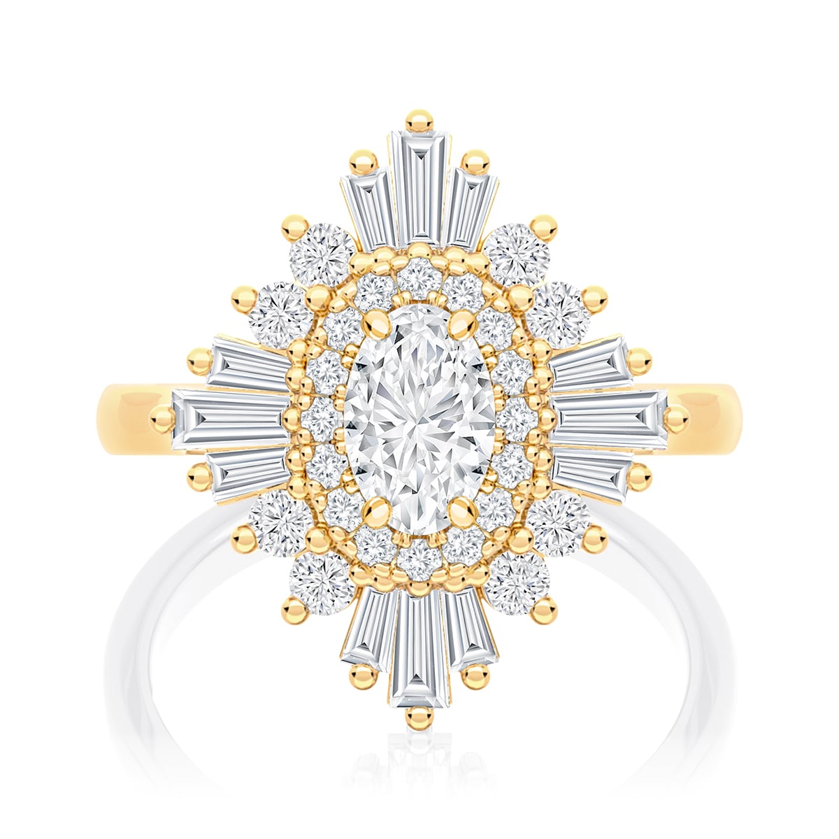 Oval Diamond Halo Engagement Ring in Yellow Gold | Starburst