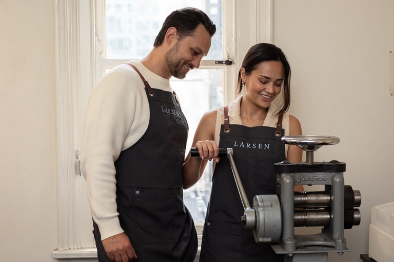 Couples enjoying working in the studio at the Larsen Wedding ring experience, where you can make your own wedding rings.
