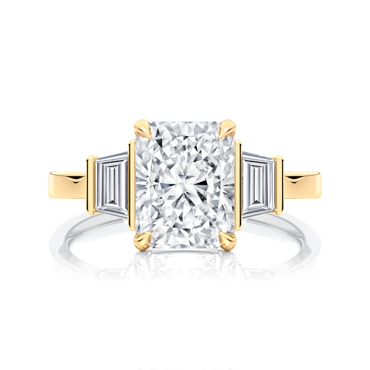Radiant Diamond Three Stone Engagement Ring in Yellow Gold | Raleigh