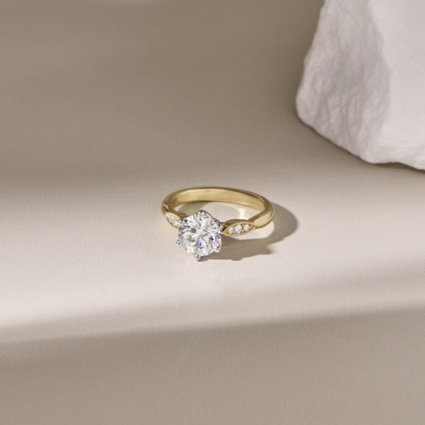 18ct White Gold Setting Holding a Round Diamond, Set in an 18ct Yellow Gold Millgrain Band