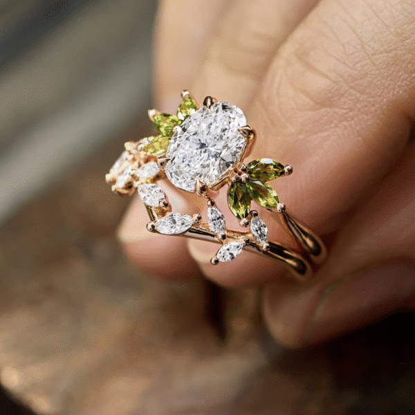 18ct Rose Gold Band with an Oval Cut Diamond and 2 Marquise Tourmaline Side Stones