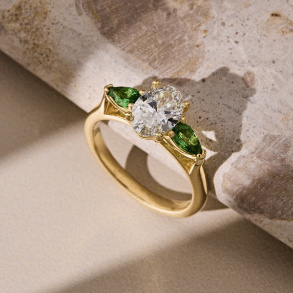 Custom Oval Cut Diamond Centre Stone, With 2 Pear Shaped Tsavorite Garnet Side Stones